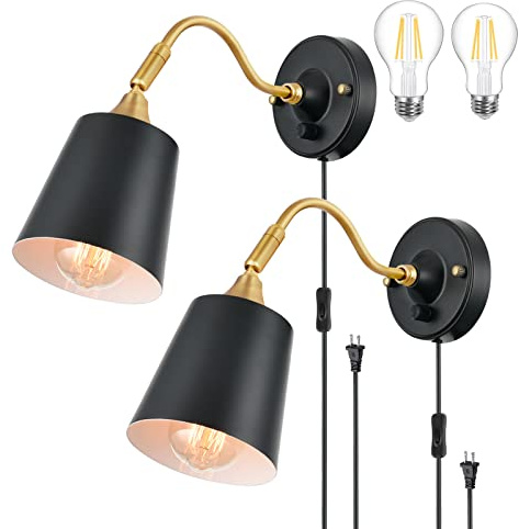 TRLIFE Wall Sconces Plug in, Dimmable Wall Lights with Plug in Cord Adjustable Lighting Angle Wall Mounted Light with On/Off Rotary Switch for Bedside, Bedroom, Over Mirror(2 Pack, 2 Bulbs Included)