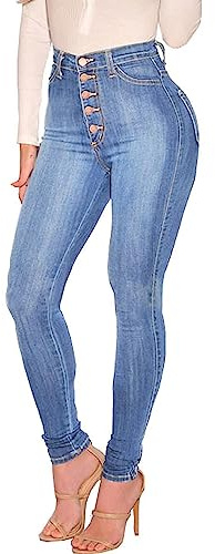 FISCLOSIN Womens High Waist Stretch Jeans 5 Button Push Up Butt Lifting Skinny Colombian Jeans (Medium, Light Blue)