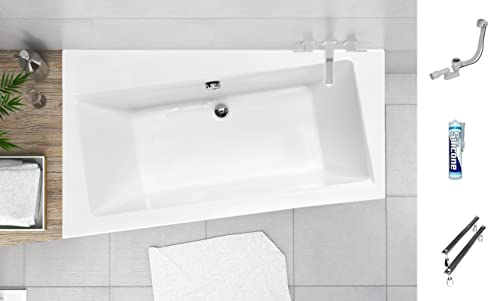 ECOLAM® Badewanne Infinity Trapezwanne Eckwanne für Zwei Personen mit Abfluss mittig 170x110 cm LINKS Ab- und Überlauf Automatik Füße Silikon Komplett-Set