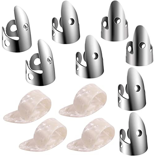 12-teiliges verstellbares Finger-Daumenplektren-Set enthält 8 silberfarbene Edelstahl-Fingerplektren und 4 Daumenplektren aus Kunststoff für Gitarre, Banjo, Harfe, Bass, Plektrum (weiß)