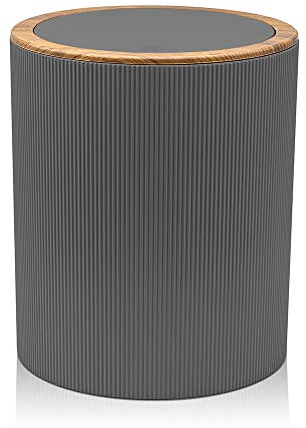 Inbagno Pattumiera 5lt, in plastica Grigio con Coperchio Basculante, Dettagli Effetto Legno, Serie Blob