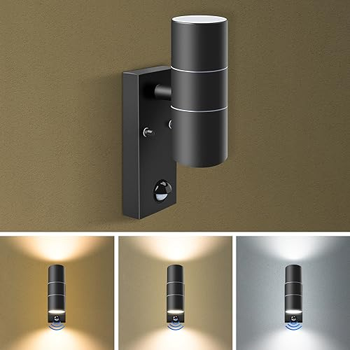 ALUSSO Motion Sensor Outdoor Wall Lights IP65, Stainless Steel Up Down Lights 3000K/4000K/6000K Selectable, 2x 8W GU10 Bulb Included,Outside Security Lights Mains Powered Sconce Wall Mounted for Porch