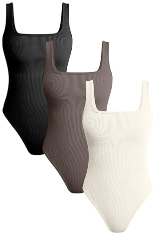 TOB Women's 3 Piece Bodysuits Sexy Ribbed Square Neck Sleeveless Tank Tops Bodysuits, Black Tea Leaf Beige, L
