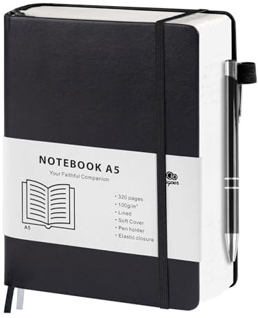 Agoer Notizbuch A5 Liniert, Hardcover Lined Notizbücher, 320 Nummerierte Seiten Dickes Business Tagebuch, 100g/m² Journal Notizbuch mit Kugelschreiber und Haftnotizen, für Büro, Schule