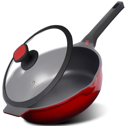 diig Bratpfanne mit Deckel, 30cm/5L Wokpfanne Antihaft Pfanne Aluminiumguss Flachpfanne Sauteuse Für alle Herdarten inklusive Induktion, Juwelenrot