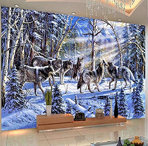 Papel Tapiz 3D Moderno Lobo De Nieve Pintura Al Óleo Foto Murales De Pared Sala De Estar Estudio Telón De Fond Pared Pintado Papel Tapiz 3D Decoración Dormitorio Fotomural Sala Sofá Mural-430cm×300cm