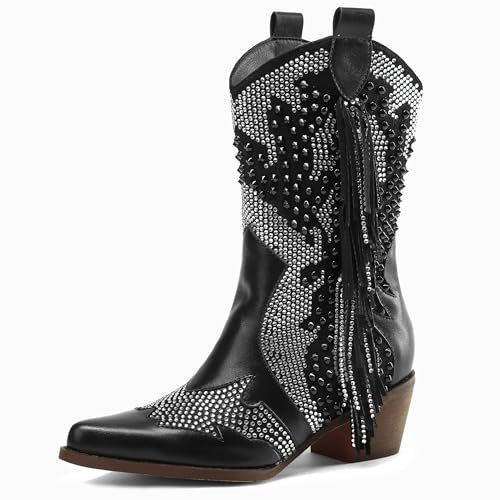 Tsrenlmln Stiefeletten für Damen, spitzer Zehenbereich, Strass-Stiefel, klobiger Absatz, Nieten, Western-Cowboystiefel mit Quaste, Cowgirl-Stiefel, Schlupfstiefel, kurze Stiefel, Schwarz, 38.5 EU