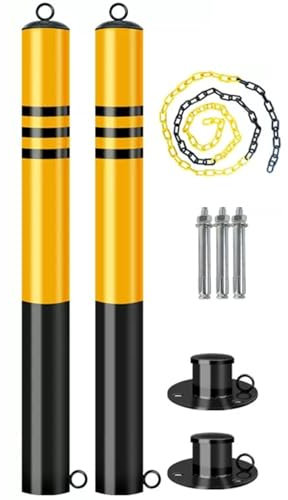 parkplatzsperre Sicherheitspoller, 2 Packungen, gelber Sicherheitspollerpfosten aus Stahl mit 3 Ankerbolzen und 1 Kette, für die Verkehrskontrolle auf der Einfahrt ( Color : Yellow , Size : 29.5*5.6in