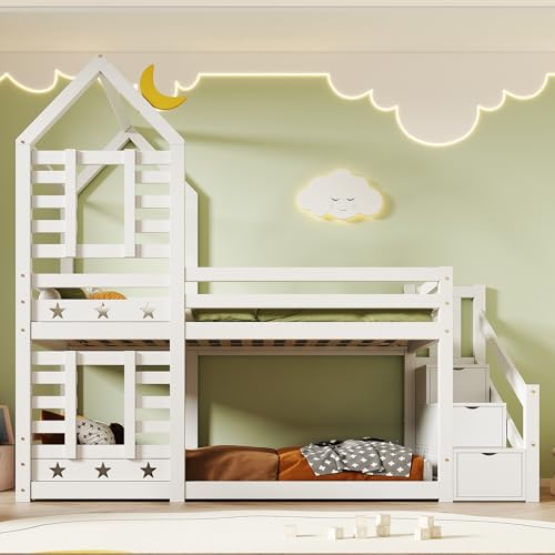 Kayan Kinderbett Etagenbett 90 x 200cm, Baumhaus mit Schublade und Rausfallschutz, Hochbett für Kinder– 2X Lattenrost- Weiß