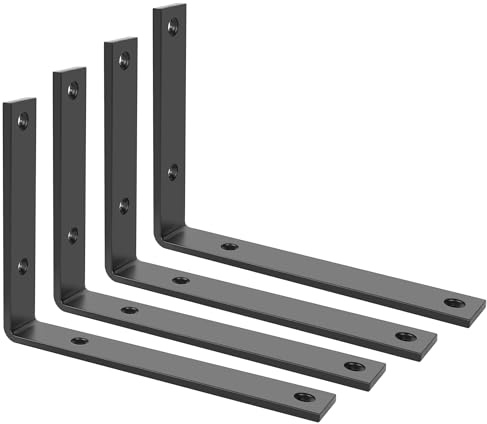 SAYAYO Black Shelf Brackets Heavy Duty 5MM Thick, Metal Angle Brackets L Shape for Shelves, Wooden Shelf Bracket & Supports Wall Hanging Corner Brace, 200mm*150mm, 4 Pack, EJZX23108B-4P