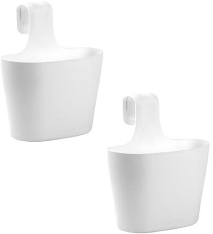 Engelland 2 x Blumentopf zum Auf-Hängen, Geländertopf, Weiß, Hängetopf, Balkon-Kasten, oval, Übertopf, Pflanzkasten, mit Wasserspeicher/Wasserauffangschale, 2,8 Liter