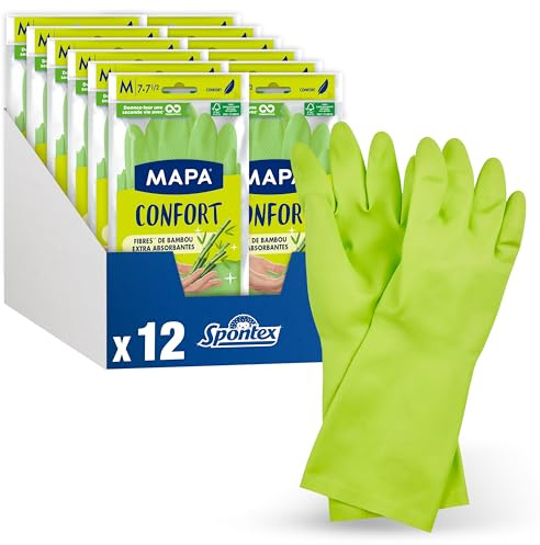 Mapa - Confort - 12 Gants de Ménage Textile Fibres de Bambou - Garde les mains Fraiches et Sèches - 12 pack de 1 paire - Taille M