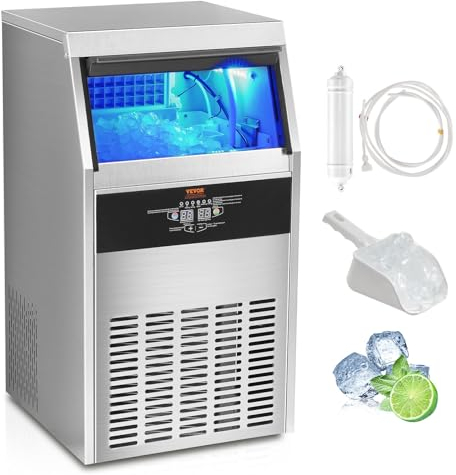 VEVOR Kommerzieller Eiswürfelbereiter Eismaschine 56 kg / 24 h, Leichte Würfeleismaschine 15 kg Eisspeicherkapazität 60 Stk. Eiswürfel, Edelstahl Eiswürfelbereiter inkl. Wasserfilter & Eisschaufel