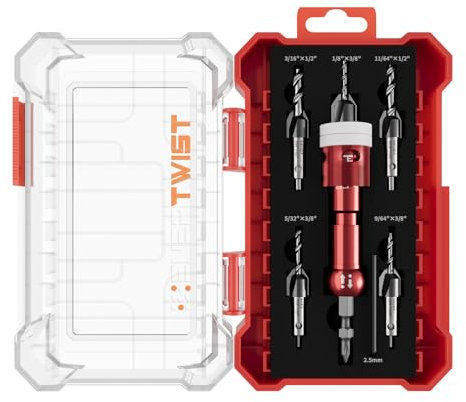 ENERTWIST Juego de brocas avellanadas con tope de profundidad ajustable, 5 brocas avellanadas con punta de carburo de 82 grados con vástago hexagonal de liberación rápida de 1/4 pulgadas para