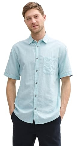 TOM TAILOR Camisa de Manga Corta para Hombre de Corte Regular con Porcentaje de Lino, 37198 - Cambray Turquesa Pastel, XXL
