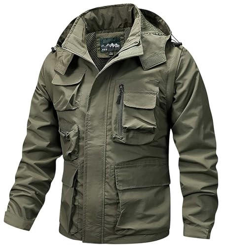 Herren Kapuzenjacke, abnehmbare Armee-Jacke, Outdoor, taktische Militärjacke, Softshell-Jacke für Spaziergänge, Camping, mit mehreren Taschen, durchgehender Reißverschluss, Windbreaker, Mantel,
