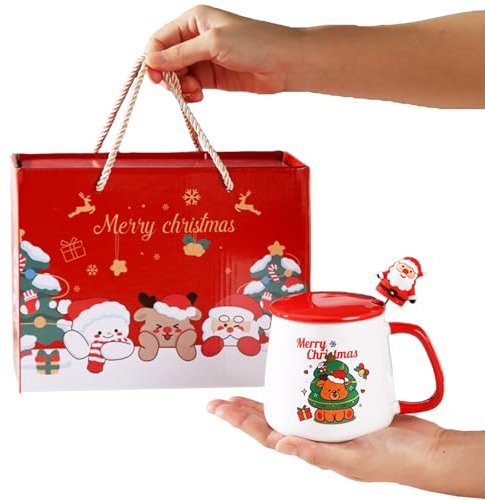 AONYAYBM Weihnachts-Keramiktasse, Weihnachtstasse mit Deckel und Löffel-Dekorationen, Niedliche Festliche Keramik-Kaffeetasse für Mikrowellenherde und Spülmaschinen, (Elch)