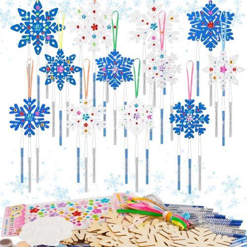 HGRGHH 12 Stück Schneeflocke Windspiel Bastelsets für Kinder Holz, Bemalen Bastelset Kindergeburtstag, Windspiel Basteln ab 3-6 Jahre, Kreativsets für Geburtstag, Party, Weihnachten