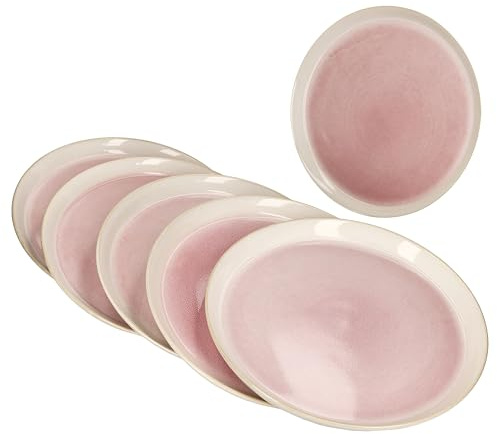 MamboCat Lot de 6 assiettes plates Reactive Glaze Paris - Crème et rose - Assiettes plates en faïence pour 6 personnes - Grandes assiettes pour barbecue, repas principaux, etc.