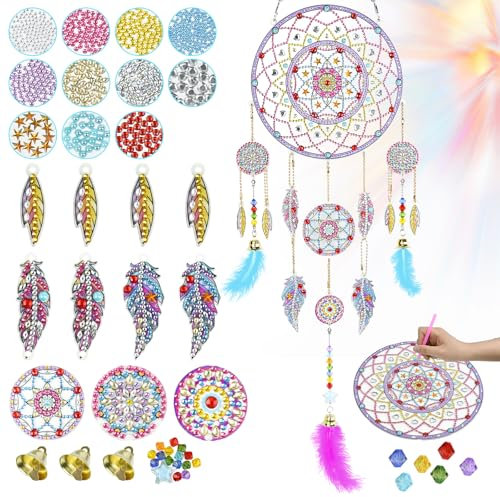 Ulikey Diamond Painting Traumfänger Set, DIY Diamond Painting Kinder 5D, Traumfänger Kinder Basteln, mit Windspiel Federn Wandbehang Wohnkultur, Diamantmalerei Kinder ab 5 6 7 Jahre (Modell 3)