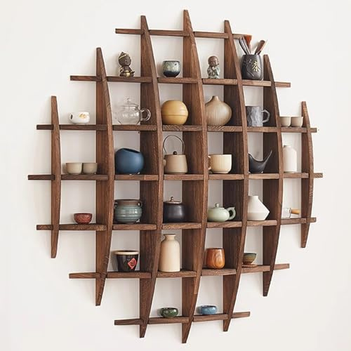 XIMSPHY Solid Wood Chinese Tea Cup Holder, Wall Mounted Teapot Display Stand, Wall Decoration Teaware Shelf Storage Rack for Living Room Kitchen Office Commercial (Dark Walnut Color, 39x39'')