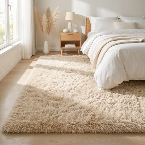 BEIMO tappeto per soggiorno extra large 200 x 280 cm, per camera da letto, tappeti soffici in finta pelliccia a pelo alto morbido, non perde pelo, moderni antiscivolo beige