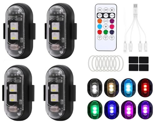 Bacxzomx 4 Pièces Lumières Stroboscopiques pour Drone, 8 Couleurs LED Strobe Drone Light Étanche sans Fil avec Télécommande pour Motos Dirt Bikes Vélos électriques RC Cars