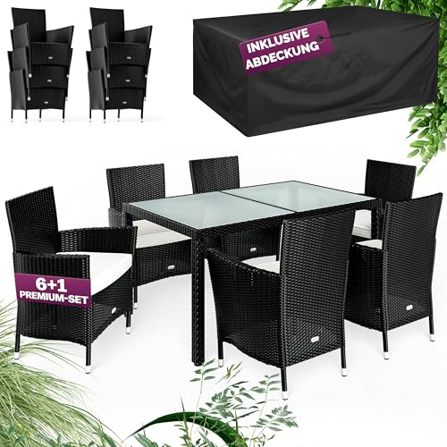 Casaria® Gartenmöbel Set 6 Personen Stühle inkl. 7cm Polster & Abdeckung Tisch 150x90cm Balkonmöbel 160kg Belastbar Wetterfest Polyrattan Stapelbar Terrasse Möbel Schwarz