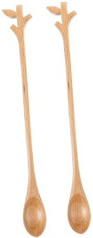CHILDWEET 2pcs Unique Wooden Stir Spoon Long Handle Mixing Spoon for Honey Tea and Beverages