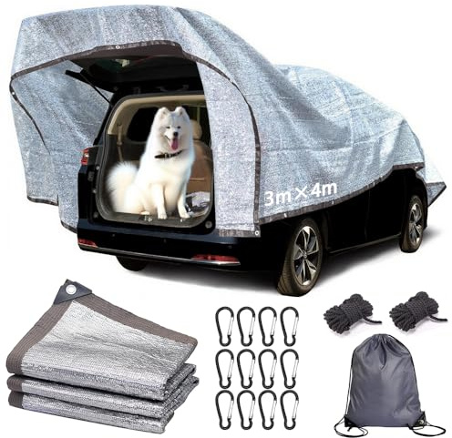 Filet d'ombrage pour voiture pour chien 3 x 4 m, filet de protection solaire pour voiture, bâche d'ombrage réfléchissante, camping, filet d'ombrage en aluminium, protection solaire à 80 % de