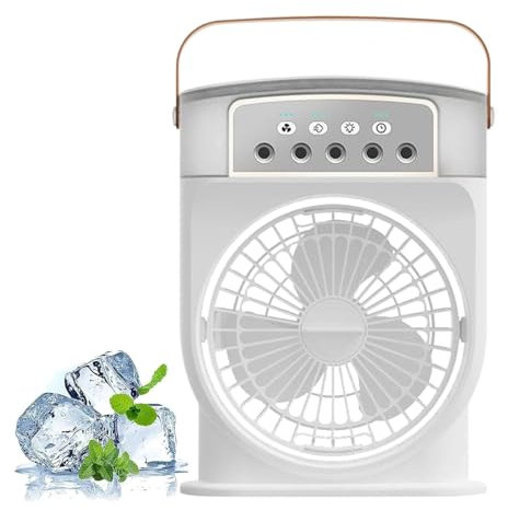 Ventilador Nebulizador, Ventilador Con Agua Y Hielo Portátil, Enfriador De Aire Silencioso Para Dormitorio, Air Cooler Fan, Ventiladores De Mesa USB Con 3 Velocidades, Temporizador Y Luces