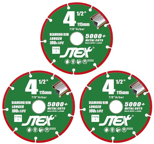 JTEX Diamond Cut Off Wheel 4 1/2 Inch for Angle Grinder, 7/8 Arbor, Metal Cutting for Rebar, Steel, Iron - 3 Pack