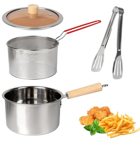 BigKing Friteuse avec panier, poêle à frire en acier inoxydable de 20 x 10,5 cm avec couvercle pour tempura, frites pour table de cuisson à induction, cuisson au gaz