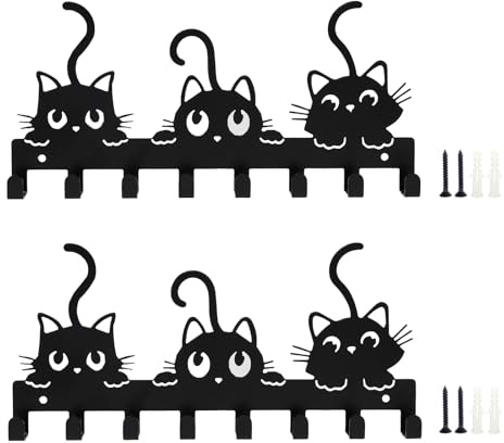 Sixfolo 2 Stück Schlüsselhalter Modern aus Metall Schlüsselbrett Katzenmotiv mit 8 Haken Schwarz Schlüsselhaken Wand für Wohnzimmer,Küche,Garderobe (3 Katzen)