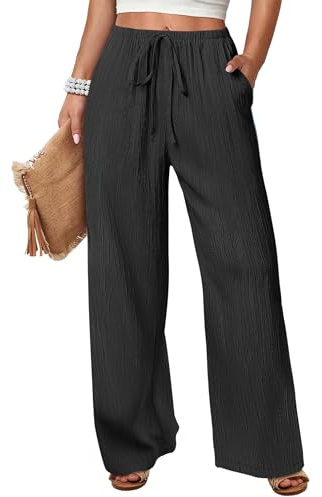 ANRABESS Women's Wide Leg Beach Pants Elastic Waist Lightweight Casual Flowy Palazzo Lounge Trousers with Pockets Black Medium