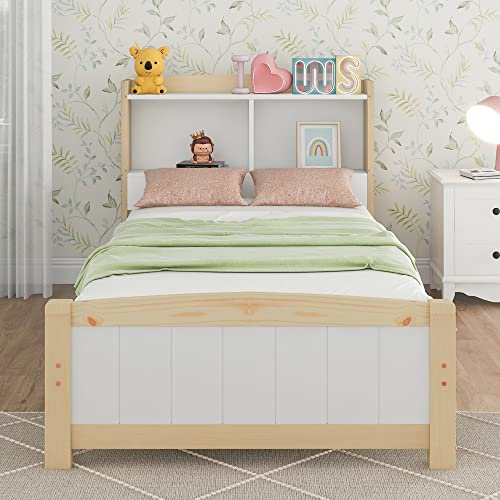BTM Lit Simple en Bois Massif 90x200cm, Tête de lit avec Espace de Rangement, Cadre avec Grille à Lattes, Lit d'enfant/Adolescent en Pin Massif, Naturel et Blanc (sans Matelas et Tiroirs)