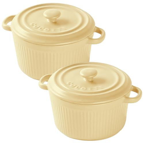 2 ugnsformar med lock 250 ml, små keramiska runda bakformar, keramiska ugnsformar med handtag för lasagne, kött, grönsaker, för varmluftsfritös, ugn, mikrovågsugn, gul
