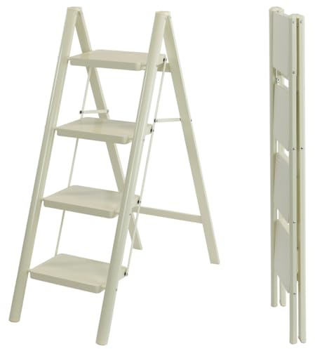 4 Stufen Leiter Tritthocker Trittleiter Haushaltsleiter Arbeitsbühne klappbar leicht 150kg Beige Anti-Rutsch-Pedal für Haushalt, Küche, Lager