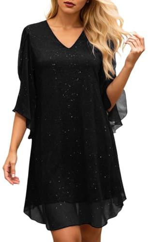 Robe Soiree Paillette Femme Reveillon Longue Chic Et Elegant De Bal Cocktail Pailletée a Sequins Soirée Noel Ourlet À Volants Scintillantes Nouvel an Sexy Noire Fete