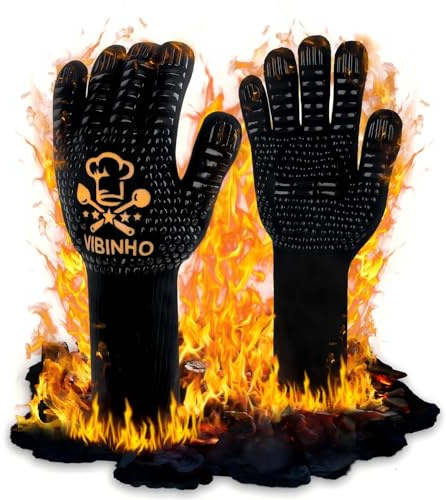 VIBINHO Guantes Barbacoa Resistente al Calor hasta 800℃, Guantes para Horno Profesional, Guantes de Cocina de Silicona Antideslizante para Parrilla, Hornear - Certificación EN407 EN388 (Negro)