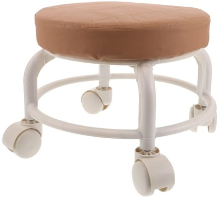 Amosfun Tabouret Roulant Pivotant à 360° en Cuir PU Marron, Petit Tabouret Rond avec Repose-Pieds, Siège Bas Mobile à roulettes Universelles, pour Salon de Beauté, Spa, Manucure et Bureau