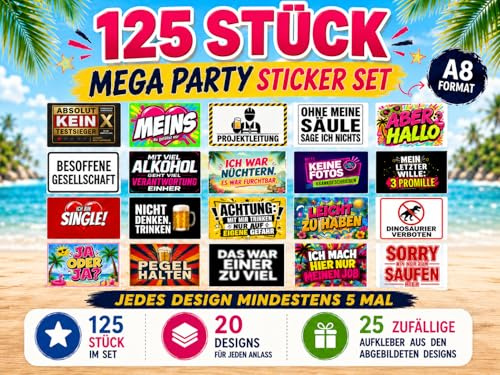 Malle Sticker Set 125 Stück – 20 Motive | Witterungsbeständig | Lustige Aufkleber in Top-Qualität für Malle, JGA, Festival, Party & Mallorca Urlaub
