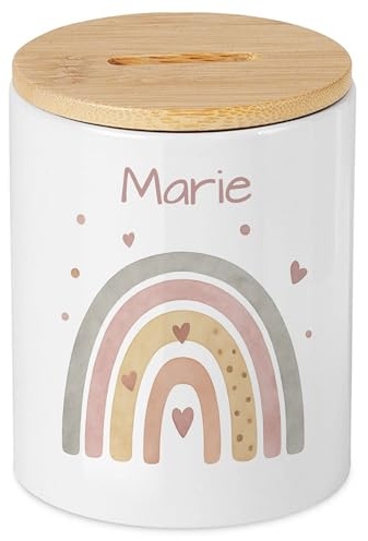 Personalisierte Spardose Mädchen mit Wunschname Regenbogen Motiv, Sparschwein für Kinder, Patenkind, Taufgeschenk Baby