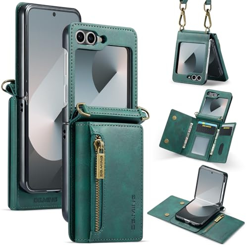 Étui portefeuille pour Samsung Galaxy Z Flip 8, étui en cuir mat avec fermeture éclair, bandoulière amovible, boucle - vert