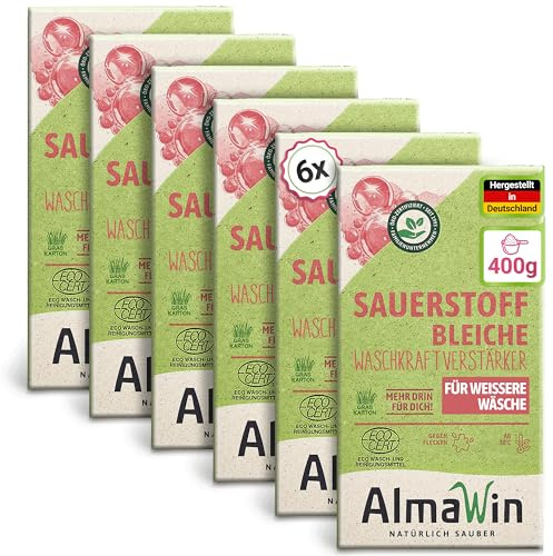AlmaWin® Sauerstoffbleiche Pulver [6x 400g] für strahlend weiße Wäsche ab 30°C, gegen Gerüche & Verfärbungen - Aktivsauerstoff Bleichmittel für Abfluss, Spül- & Waschmaschine