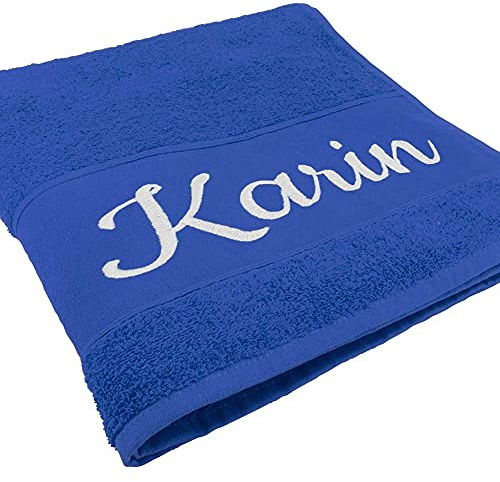 Deitert Handtuch mit Namen oder Wunschtext Bestickt, personalisiertes Duschtuch, individuelles Badetuch, 100% Baumwolle, 180 x 100 cm Royalblau