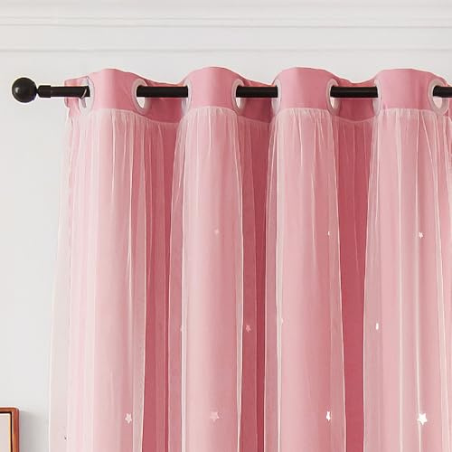 Ftinala Vorhänge für Mädchenzimmer, 2 Paneele, Verdunkelungsvorhänge, 160 cm Länge, Kindervorhänge und Vorhänge, doppellagig, Kinderzimmer, Dekoration, Sternvorhänge mit Tüll, Rosa