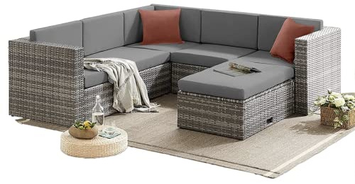 EVRE Monaco Rattan Garden Furniture Set 6 Piece Seat 5 Sofa 1 Ottoman Footstool Sectional Modular Combination Outdoor Wicker Weave Lounge Sofa Glass Top Table with Cushions Weatherproof Cover (Grey)