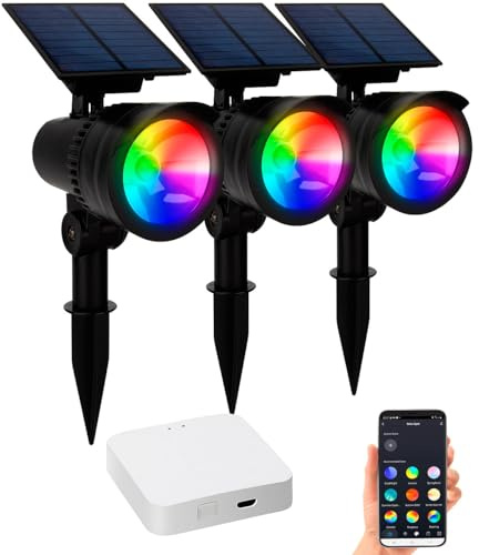 Lunartec Erdspieß Strahler Solar: 6er-Set RGB-CCT-LED-Spots mit Gateway, 50 lm, 1 W, IP44 (Solarstrahler mit App, LED Solar Spot RGB, Gartenleuchte Standleuchte)