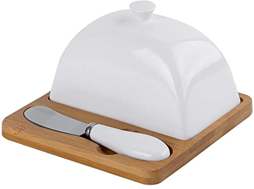 luckxuan Butterdose Keramikbutter Geschirr Box Kuchen Bambus Holztablett mit Buttermesser Food Teller Keeder Käse Tablett Teller Küche Aufbewahrungsbox Butterdosen